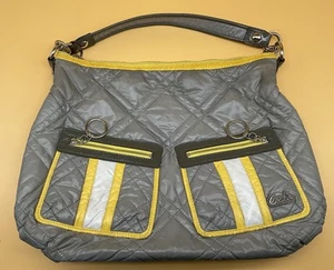 Coach Poppy Ski Bunny Glam Bag Gray Nylon Patent Leather, Yellow Trim Rare Color - Picture 1 of 16