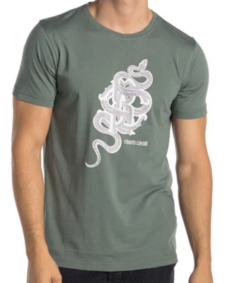 Roberto Cavalli Snake Graphic Crew Neck T-Shirt Green NWT $290 - Image 1 of 3