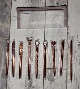 Rose Gold Pack of 9 Pens with Zippered Case - Black Ink - NEW - Picture 1 of 10
