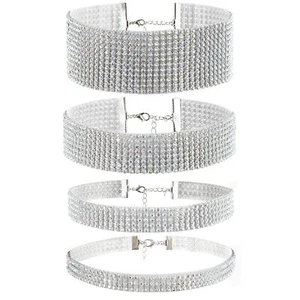 4pcs Full Rhinestone Choker Collar Necklace For Women Wedding Party 3-12 Rows - Picture 1 of 5