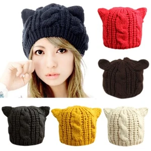Womens Girl Cat Ear Beanie Hats Knitted Casual Winter Warm Caps Pure Color - Picture 1 of 20