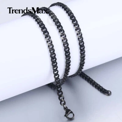 Men's Black Stainless Steel Cuban Necklace Curb Chain 3/5/7/9/11mm Wide Jewelry - Image 1 of 4
