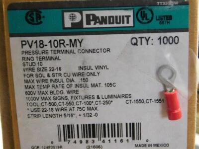 1000 Panduit PV18-10R-MY #8 Stud Red Ring Tongue Terminals 18-14AWG - Image 1 of 2