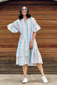 carolina lifestyle Size L\XL Pastel Stripe Ruffle Sleeve Midi Dress 100% Linen - Picture 1 of 8