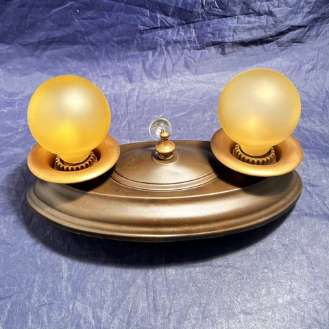 Antique Brass Two Light Flush Mount Fixture Rewired 8E Cover