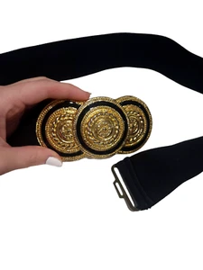 Vintage Nani Lewis Black Gold Buckle Elastic Belt Small-Medium 31" Unstretched - Picture 1 of 5