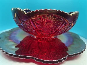 Red Amberina Indiana Glass Bowl Sawtooth Rim 8" WithMatching Platter 12” Mint - Picture 1 of 24