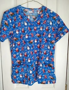 Scrubaid Scrub Top Women's Christmas Medium Santa Penguins Snowflakes - Picture 1 of 5