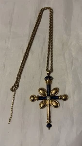 Vintage Hutton Wilkinson blau Emaille Kreuz mit Perle goldfarben Anhänger Halskette  - Bild 1 von 8