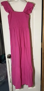 Hot Pink Ruffle Sleeve Smocked Tiered Maxi Dress Size Small - Picture 1 of 4