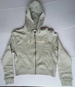 Ed Hardy Ladies Grey Graphic Print Cropped Zip Up Hoodie Size L Back Graphic New - Picture 1 of 24