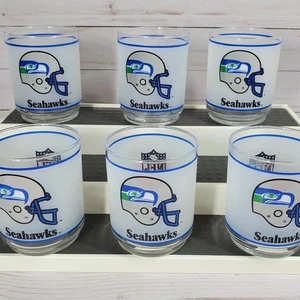 6 Seattle Seahawks Mobil NFL Frosted Drinking Glass Tumbler Set Vintage Logo Lot - Picture 1 of 5