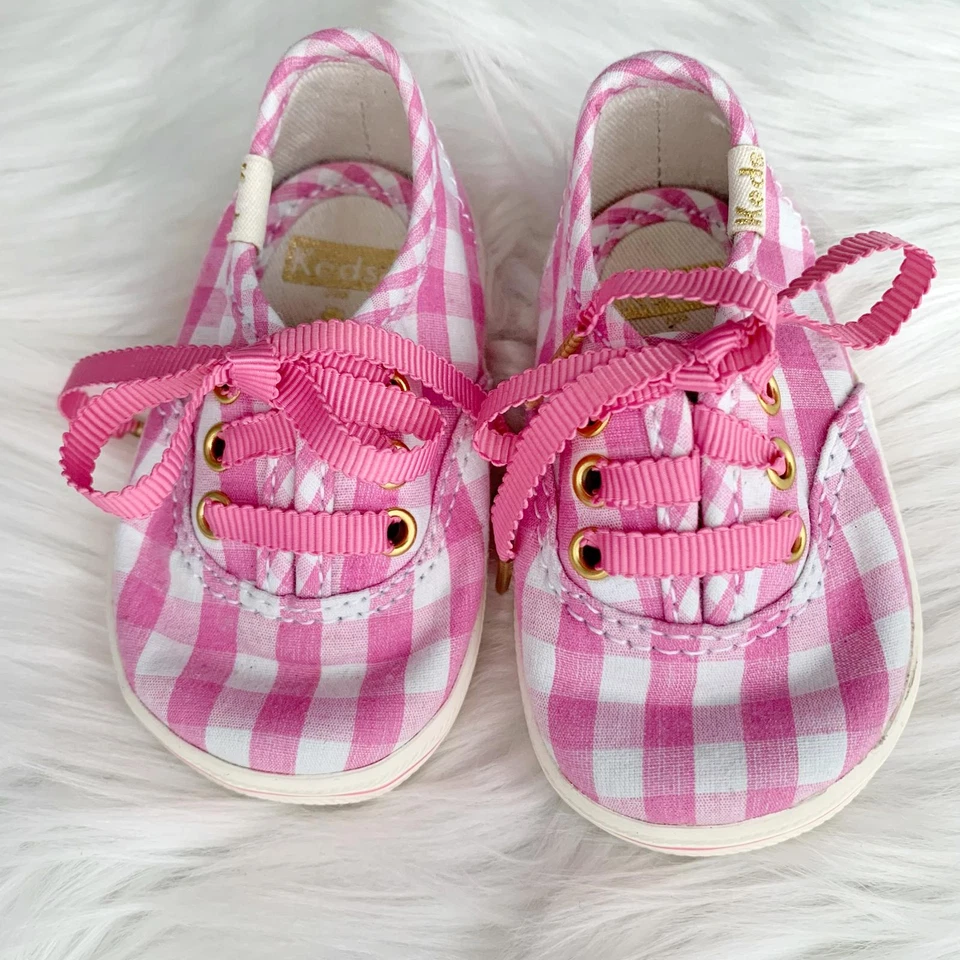 Kate Spade for Keds - Zapatillas Tenis Rosa Gingham y Cinta Dorada Encaje, Talla 1 Foto 1 de 4