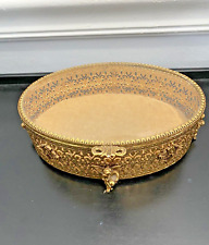 Vintage Gold Jewelry Casket Vanity Box Ormolu Filigree Cherub Feet 7.25"