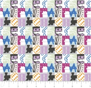 Hasbro Games Monopoly Icon Badges White Cotton Fabric by the Yard - Picture 1 of 1