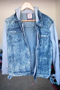GS-115 Denim Jean Jacket Boys Sz XL Blue Button Close Hooded Long Sleeve - Picture 1 of 9