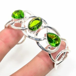 Green Peridot Gemstone 925 Sterling Silver Handmade Jewelry Bangle Sz 7-8 - Picture 1 of 1