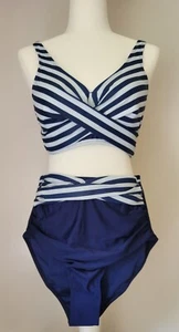 Traje de baño SMISMIVO, mediano azul marino y blanco a rayas 2 piezas control abdomen cintura alta - Imagen 1 de 10