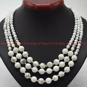 Natural 3 Rows 6mm & 10mm White Turquoise Round Gems Beads Necklace 17-19" - Picture 1 of 12