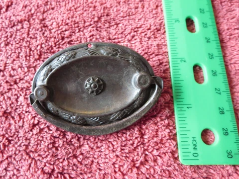 Antique Metal Drawer Pull Dresser Handle Drop Ring Oval Backplate Vintage 2-1/4" Cover