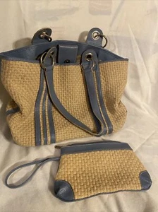 Maxx New York Natural Paper Straw.Blue Genuine Leather Trim,Tote Bag & Wristlet - Picture 1 of 9
