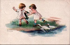Playing Children With Geese Goose Vintage Postcard B277 - Picture 1 of 2