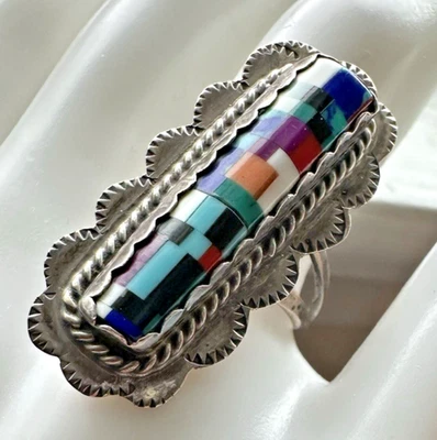 Vintage Native American Inlay Multi Stones Ring Sterling Size 7 *Broken Band* - Image 1 of 4