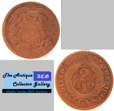 1866 US Copper Two Cent Pieces 🪙 Post Civil War Era 🪙Antique🪙 - Image 1 of 4