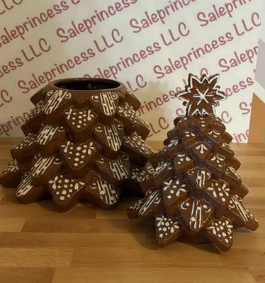 NUEVO Tarro de galletas Pottery Barn Gingerbread ÁRBOL DE NAVIDAD Pottery Barn gres 2 piezas estilo con tapa Foto 1 de 4