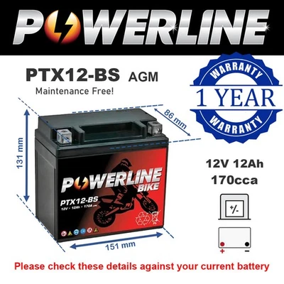 PTX12-BS Powerline AGM Motorcycle Battery 12V 12Ah Replaces YTX12-BS - Image 1 of 4