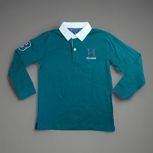 Tommy Hilfiger Boy's Long Sleeve Green Blue Collared Polo Tee Size M (12/14) NWT - Picture 1 of 9