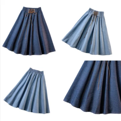 Women Denim Skirt Midi Elastic Waist Lace Up A-line Retro Swing Casual New - Image 1 of 4