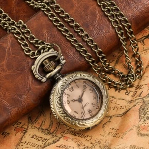 Vintage Mini Arabic Numerals Round Pocket Watch Necklaces Pendant Chain Gift Men - Picture 1 of 12
