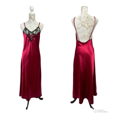 Vintage Vanity Fair Size Medium Liquid Satin Red Black Lace Slip Gown Dress - Image 1 of 4