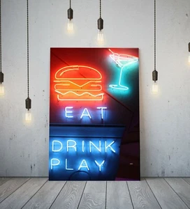 NEON SIGN EAT DRINK PLAY - DEEP FRAMED CANVAS WALL ART PICTURE PRINT- RED BLUE - Picture 1 of 3
