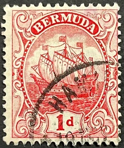 Bermuda, Scott 42a, 1 Pence Caravel Issue, Type I Carmine Color Var., Used, F-VF - Picture 1 of 2
