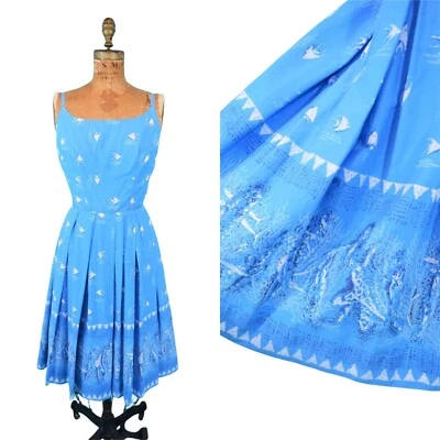 Vintage 1950s Hawaiian Dress Novelty Border Print Blue Sundress Sun Fashions - Image 1 of 4