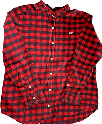 Vineyard Vines 100%cotton Blouse Ruffle Collar Sleeves Navy Red Girls 16 - Image 1 of 3