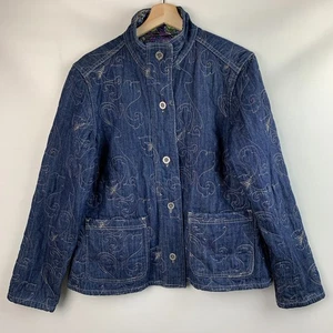Chico's Jacket Reversible Collared Denim/Print Buttons Pockets Size 2 (12/14) - Picture 1 of 18