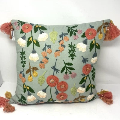PRIMROSE VINTAGE Crewel Embroidered Floral Tassel Throw Pillow 17” X 17” - Image 1 of 4