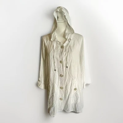 Chaqueta JNY Jones New York Talla 1X Blanca Mezcla de Lino Abotonada Sudadera con Capucha Cape Resort Foto 1 de 4