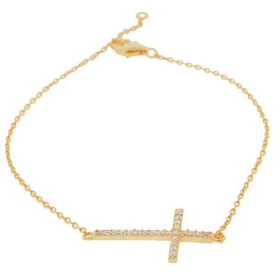 Pulseira cruz horizontal prata esterlina ouro rosa cristais brancos CZ - Imagem 1 de 3