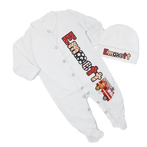 Baby Boy Personalized Fireman Fire Truck Footed Sleeper Coming Home Outfit - Picture 1 of 15
