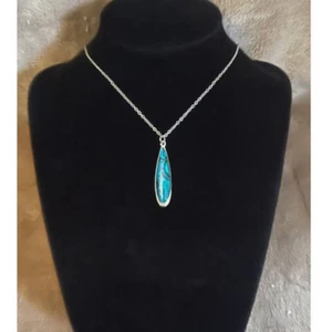 Vintage Silver & Labradorite Elongated Teardrop Pendant 18" Necklace - Picture 1 of 4