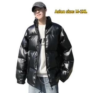 Men Faux Leather Puffer Coat Padded Jacket Loose Wet Look Quilted Overcoat - Picture 1 of 10