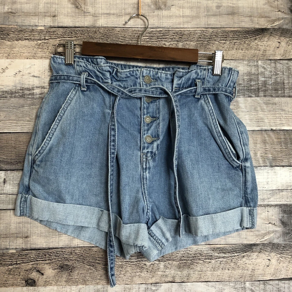 Hollister Curvy Ultra High-Rise Mom Shorts Womens 5 Light Blue Belted Paperbag - Image 1 of 4