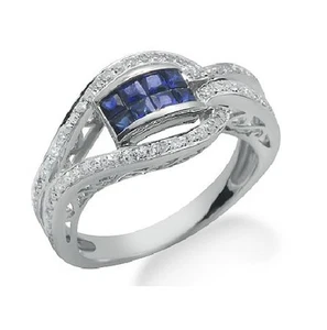 ANELLO GEMMA COCKTAIL ZAFFIRO BLU DIAMANTE PAVÈ ORO BIANCO 14K NATURALE - Foto 1 di 2