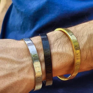 Luxury Men Gold Stainless Steel Roman Numeral Cuff Wristband Bangle Bracelets - Picture 1 of 43