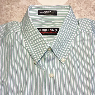 Men's Kirkland Signature Shirt Green White Blue Striped Non Iron Size 15/32 - Image 1 of 4