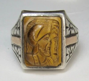 Antiguo anillo de oro amarillo de 10k de plata esterlina ojo de tigre doble camafeo incrustado para hombre - Imagen 1 de 24